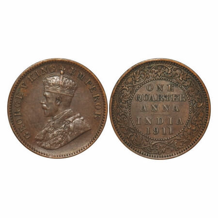 George V, Bronze, Quarter Anna, 1911, Calcutta Mint, No dot, Pig-Type. F. Prid 656. GK 117