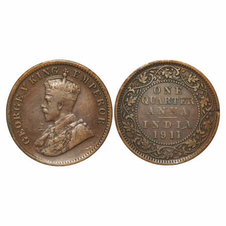 George V, Bronze, Quarter Anna, 1911, Calcutta Mint, No dot, Pig-Type. F. Prid 656. GK 117