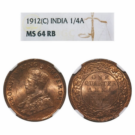 George V, Bronze, Quarter Anna, 1912, Calcutta Mint, No dot. F. Prid. 658. GK 1172. NGC Sl
