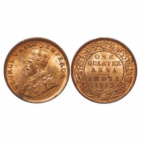 George V, Bronze, Quarter Anna, 1913, Calcutta Mint, No dot, Elephant Type. F. Prid 659. G