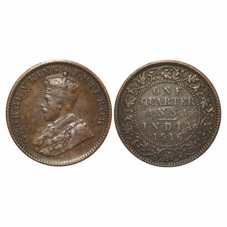 George V, Bronze, Quarter Anna, 1916, Calcutta Mint, No dot. F. Prid 661. GK 1175. Extreme