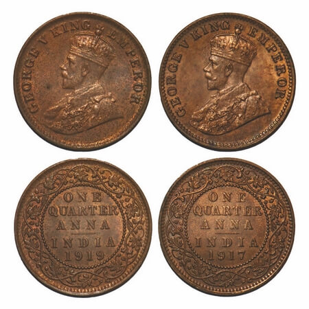 George V, Bronze, Quarter Anna, (2 coins), 1917, 1919, Calcutta Mint, No dot. F. Prid 662,