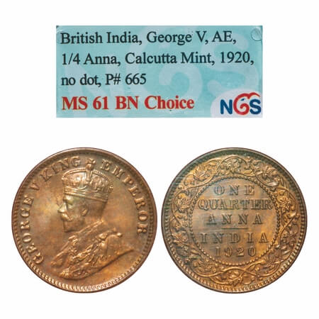 George V, Bronze, Quarter Anna, 1920, Calcutta Mint, No dot. F. Prid. 665. GK 1179. NGS Sl