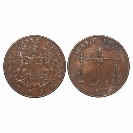 Bombay Presidency, Copper ½ Anna, 12.77g, 1834 AD, Obv: Arms of EIC Company, Rev: Scales o