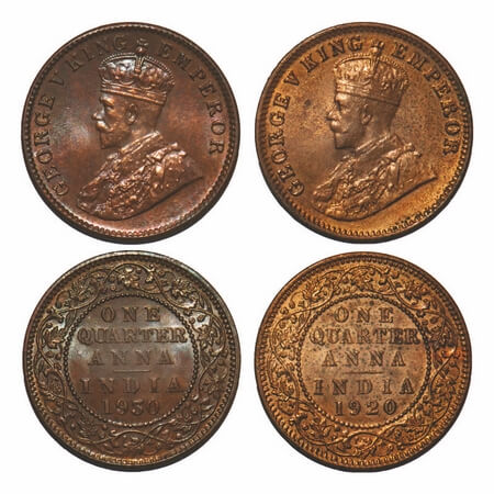 George V, Bronze, Quarter Anna, (2 coins), 1920, 1930, Calcutta Mint, No dot. F. Prid 665,