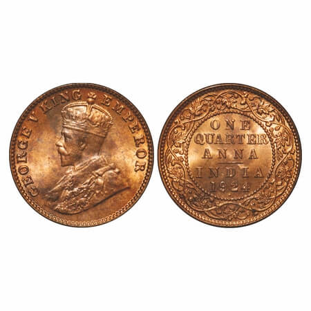 George V, Bronze, Quarter Anna, 1924, Bombay Mint, Dot, Alphabate 'E' of Quarter 'A' of An