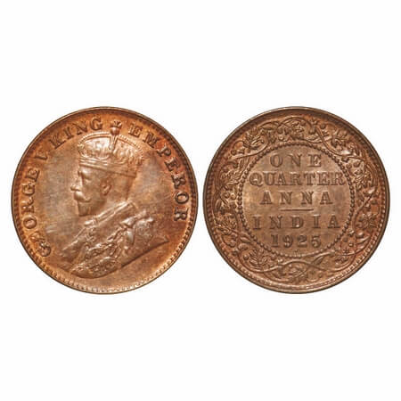 George V, Bronze, Quarter Anna, 1925, Bombay Mint, Dot. F. Prid 678. GK 1181. Uncirculated