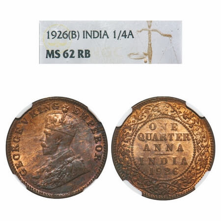 George V, Bronze, Quarter Anna, 1926, Bombay Mint, Dot. F. Prid 679. GK 1183. NGC Slabbed 