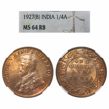 George V, Bronze, Quarter Anna, 1927, Bombay Mint, Dot. F. Prid 680. GK 1185. NGC Slabbed 
