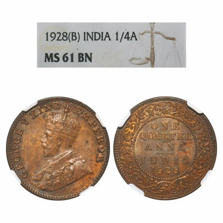 George V, Bronze, Quarter Anna, 1928, Bombay Mint, Dot. F. Prid 681. GK 1187. NGC Slabbed 
