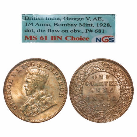 George V, Bronze, Quarter Anna, 1928, Bombay Mint, Dot, A die flaw mentioned on the slab. 