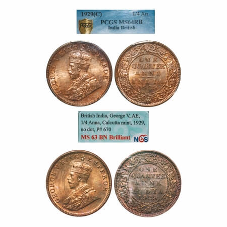 George V, Bronze, Quarter Anna, (2 slabs), 1929, Calcutta Mint, No dot. F. Prid 670(2). GK