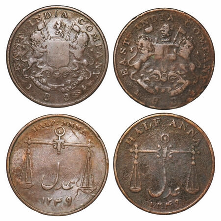 Bombay Presidency, Copper ½ Anna (2 Coins), 1834 AD, Obv: Arms of EIC Company, Rev: Scales