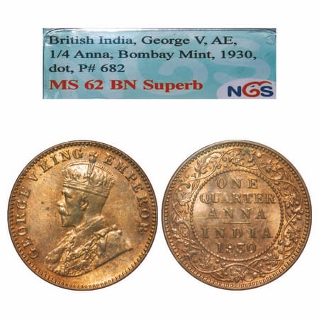 George V, Bronze, Quarter Anna, 1930, Bombay Mint, Dot. F. Prid. 682. GK 1190. NGS Slabbed