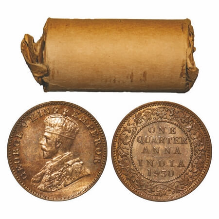 George V, Bronze, Quarter Anna, 1930, (32 coins), Bombay Mint, Dot, 32 Coins in a brown pa