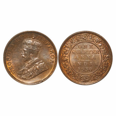 George V, Bronze, Quarter Anna, 1930, Calcutta Mint, No dot, Alphabate 'A' of Anna and 'I'