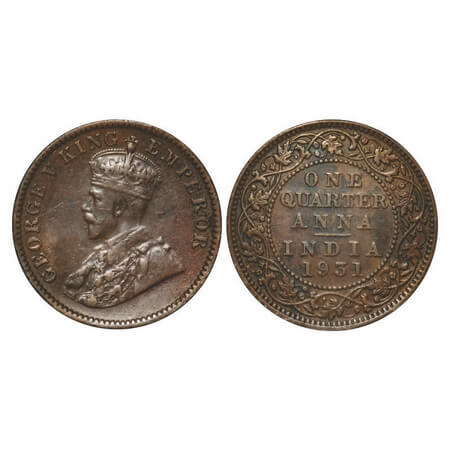 George V, Bronze, Quarter Anna, 1931, Calcutta Mint, No dot. F. Prid 672. GK 1192. Extreme