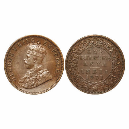 George V, Bronze, Quarter Anna, 1931, Calcutta Mint, No dot. F. Prid 672. GK 1192. Extreme