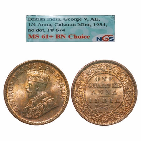 George V, Bronze, Quarter Anna, 1934, Calcutta Mint, No dot. F. Prid. 674. GK 1194. NGS Sl