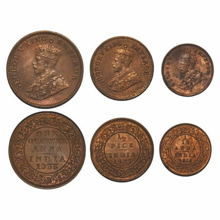 George V, Bronze, (3 coins), 1) Quarter Anna, 1935, Calcutta Mint, Dot, 2) 1/2 Pice, 1927,