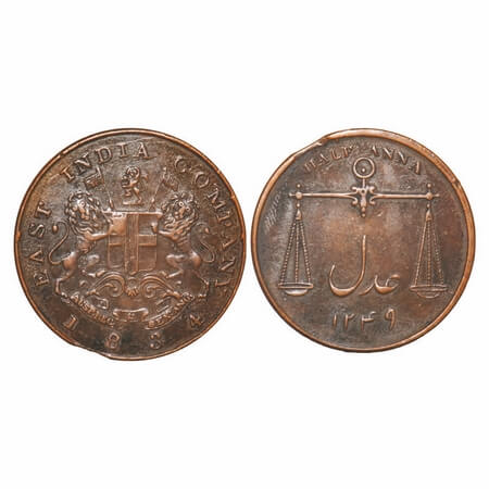 Bombay Presidency, Copper ½ Anna, 12.67g, 1834 AD, Obv: Arms of EIC Company, Rev: Scales o