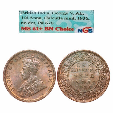 George V, Bronze, Quarter Anna, 1936, Calcutta Mint, No dot. F. Prid 676. GK 1197. NGS Sla