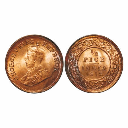 George V, Bronze, 1/2 Pice, 1912, Calcutta Mint, No mint mark, Ghost on Rev. F. Prid 745. 