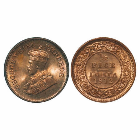 George V, Bronze, 1/2 Pice, 1912, Calcutta Mint, No mint mark. F. Prid 745. GK 1198. Mint 