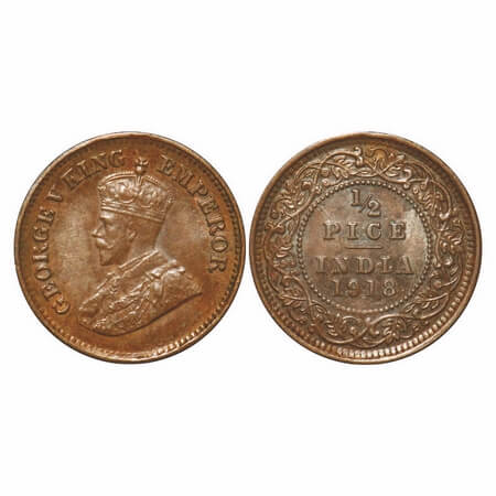 George V, Bronze, 1/2 Pice, 1918, Calcutta Mint, No mint mark. F. Prid 751. GK 1204, Almos