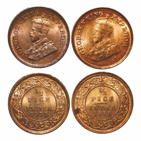 George V, Bronze, 1/2 Pice, (2 coins), 1919, 1935, Calcutta Mint, No mint mark. F. Prid 75