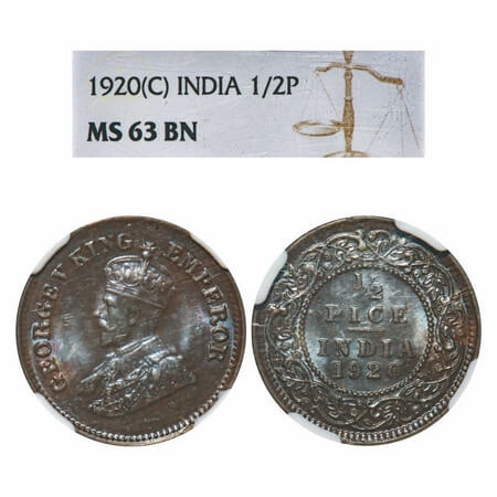 George V, Bronze, 1/2 Pice, 1920, Calcutta Mint, No mint mark. F. Prid 753. GK 1206. NGC S