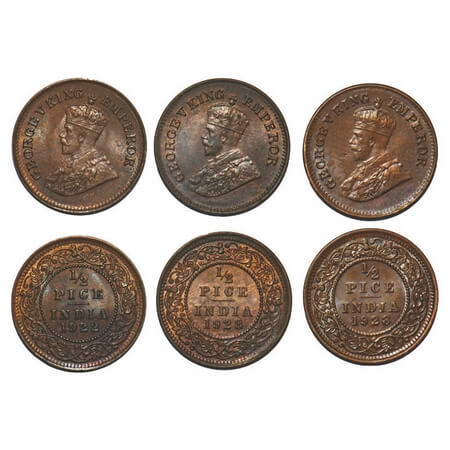 George V, Bronze, 1/2 Pice, (3 coins), 1922, 1928(2), Calcutta Mint, No mint mark. F. Prid