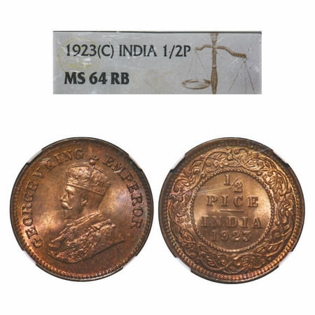 George V, Bronze, 1/2 Pice, 1923, Calcutta Mint, No mint mark. F. Prid 756. GK 1209. NGC S