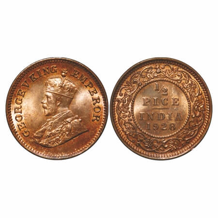 George V, Bronze, 1/2 Pice, 1928, Calcutta Mint, No mint mark, Ghost on Rev, Alphabate 'P'