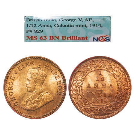 George V, Bronze, 1/12 Anna, 1914, Calcutta Mint, No dot. F. Prid. 829. GK 1225. NGS Slabb
