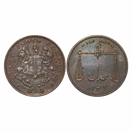 Bombay Presidency, Copper ½ Anna, 12.67g, 1834 AD, Obv: Arms of EIC Company, Rev: Scales o