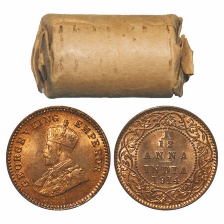 George V, Bronze, 1/12 Anna, 1914, (24 coins), Calcutta Mint, No dot, 24 Coins in a brown 