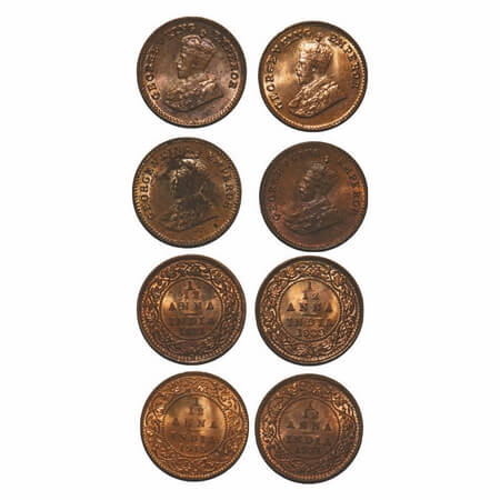 George V, Bronze, 1/12 Anna, (4 coins), 1) 1915, Calcutta Mint, No dot, 2) 1921, Calcutta 