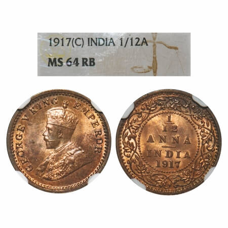 George V, Bronze, 1/12 Anna, 1917, Calcutta Mint, No dot. F. Prid 832. GK 1228. NGC Slabbe