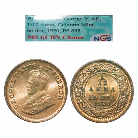 George V, Bronze, 1/12 Anna, 1920, Calcutta Mint, No dot. F. Prid 835. GK 1231. NGS Slabbe