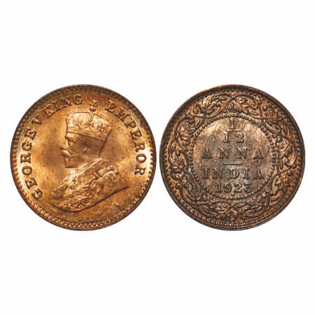 George V, Bronze, 1/12 Anna, 1923, Bombay Mint, Dot, Multiple die cracks on Obv, Rainbow t