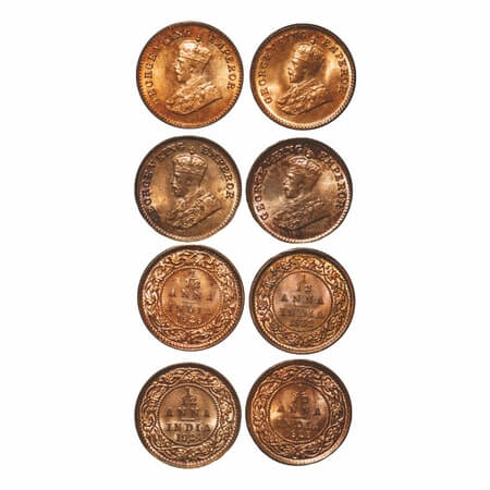 George V, Bronze, 1/12 Anna, (4 coins), 1) 1924, Bombay Mint, Dot, 2) 1925, Bombay Mint, D