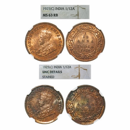 George V, Bronze, 1/12 Anna, (2 slabs), 1925, Calcutta Mint, No dot. F. Prid 839(2). GK 12