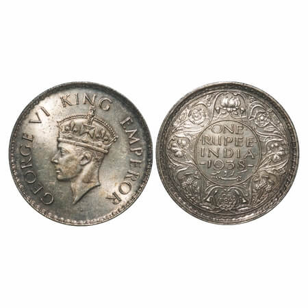 George VI, Silver, Rupee, 1938, Bombay Mint, A/I, No dot, Milled edge. F. Prid 233. GK 125