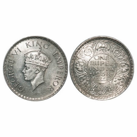 George VI, Silver, Rupee, 1938, Bombay Mint, A/I, No dot, Milled edge, Struck through Erro
