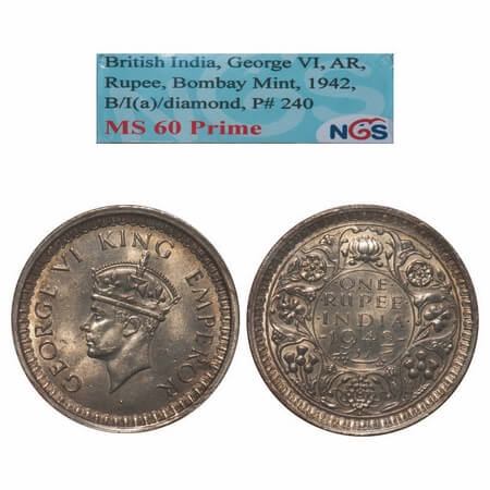 George VI, Half Silver, Rupee, 1942, Bombay Mint, B/II, Diamond, Security edge. F. Prid 24