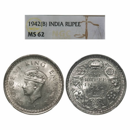 George VI, Half Silver, Rupee, 1942, Bombay Mint, B(a)/II, Diamond, Security edge. F. Prid