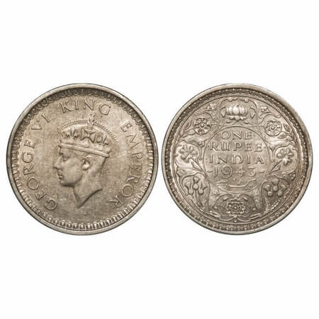 George VI, Half Silver, Rupee, 1943, Bombay Mint, B(a)/II, Small 3, Diamond mint mark, Sec