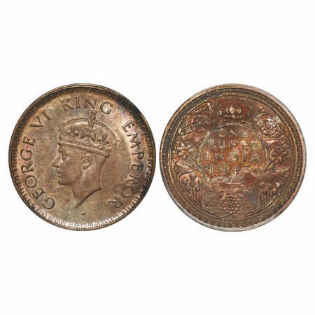 George VI, Half Silver, Rupee, 1943, Bombay Mint, A(b)/II, Diamond, Security edge, Small 3