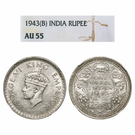 George VI, Half Silver, Rupee, 1943, Bombay Mint, A(b)/II, Small 3, Diamond mint mark, Sec